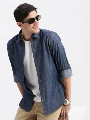 Men Blue Long Sleeves Spread Collar Standard Slim Fit Cotton Opaque Oxford Shirt