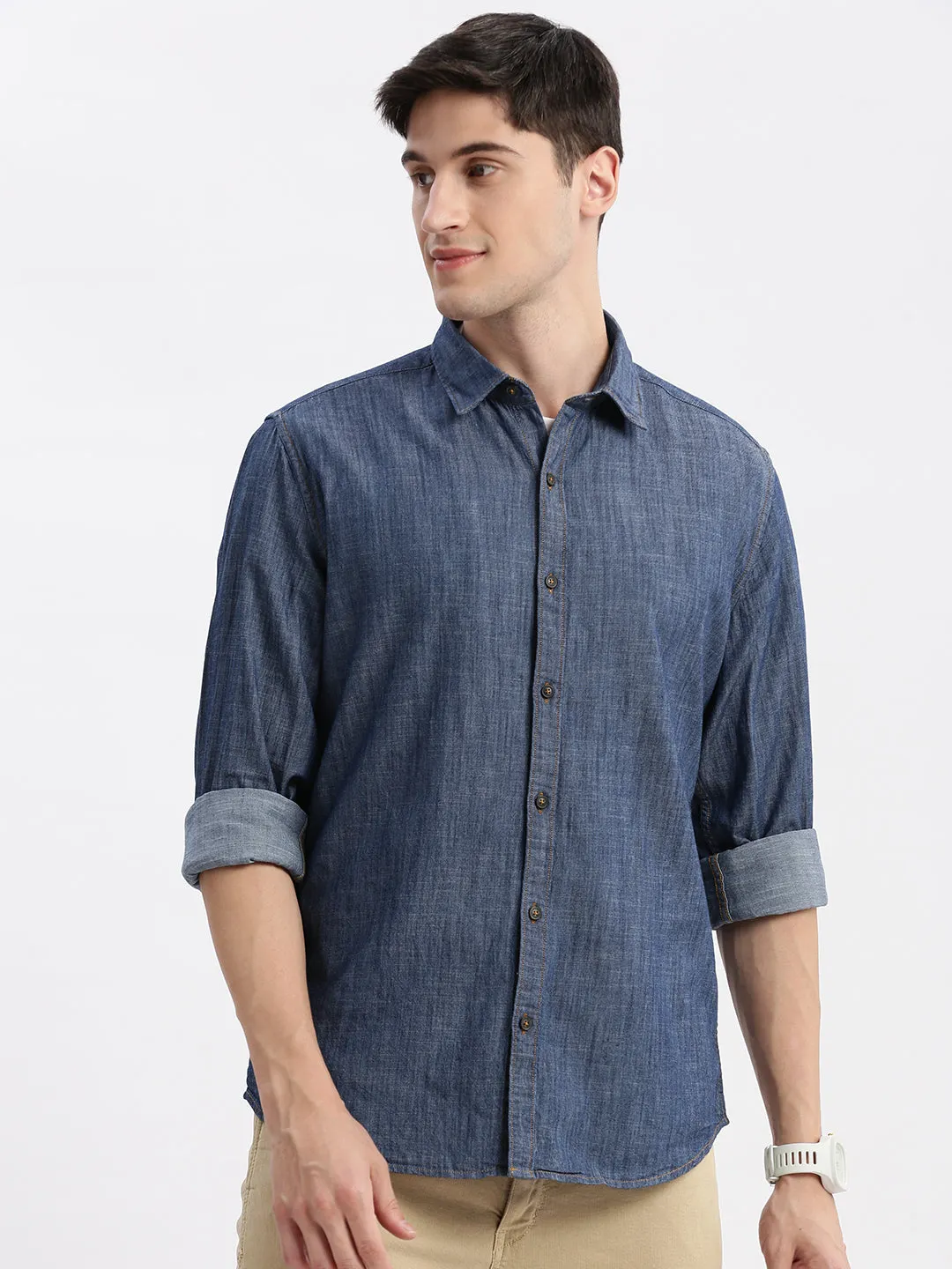 Men Blue Long Sleeves Spread Collar Standard Slim Fit Cotton Opaque Oxford Shirt