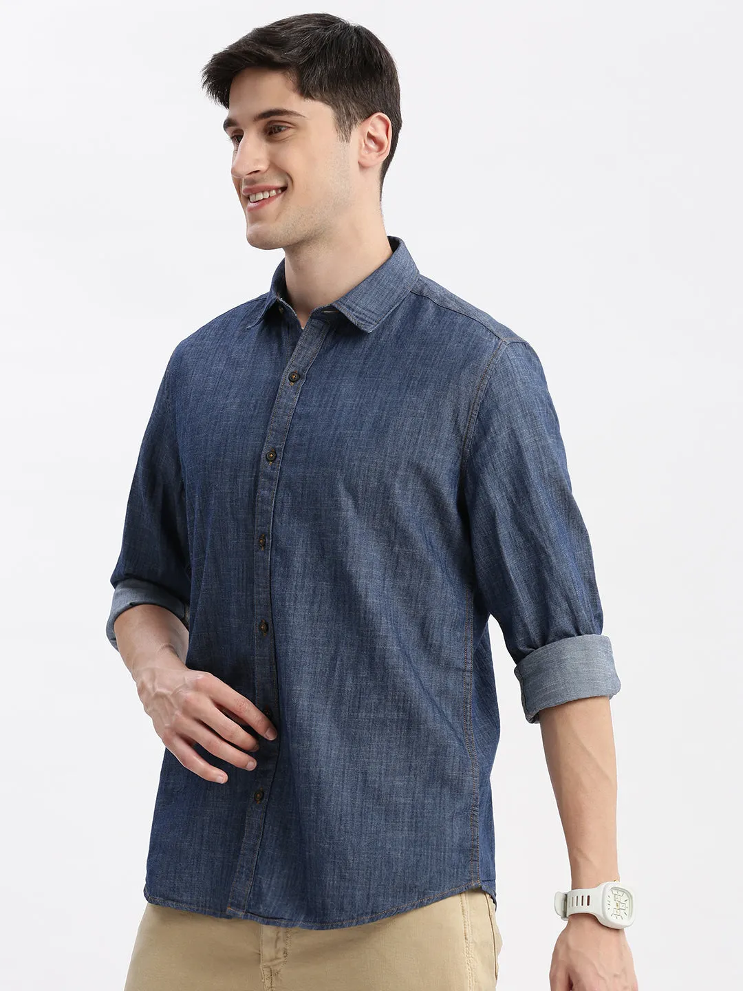 Men Blue Long Sleeves Spread Collar Standard Slim Fit Cotton Opaque Oxford Shirt
