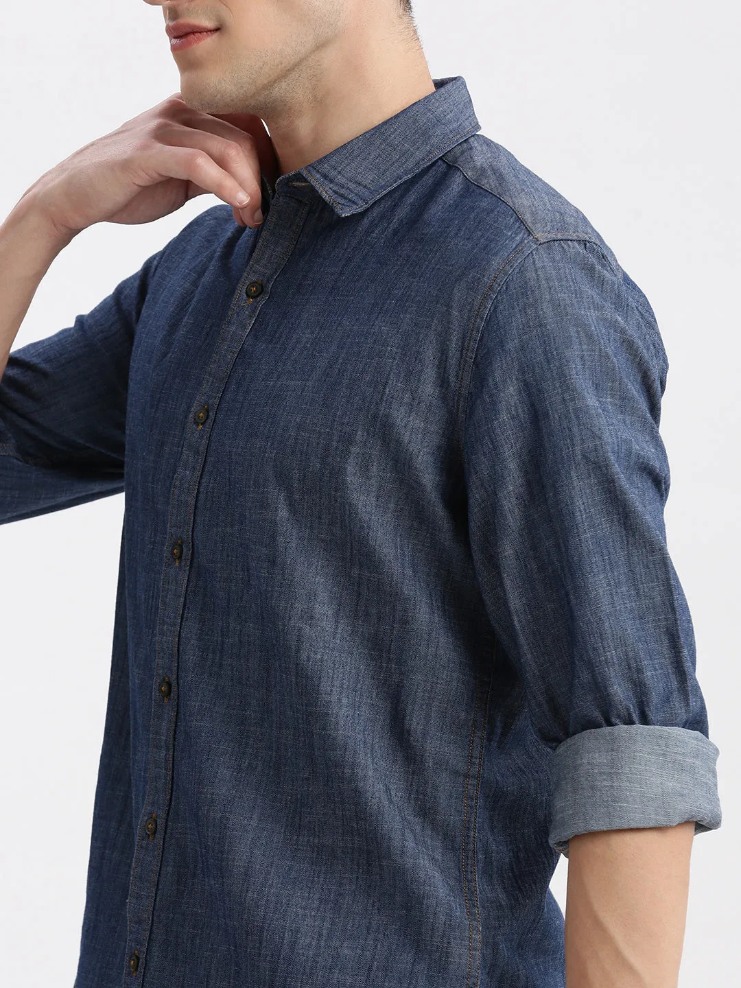 Men Blue Long Sleeves Spread Collar Standard Slim Fit Cotton Opaque Oxford Shirt