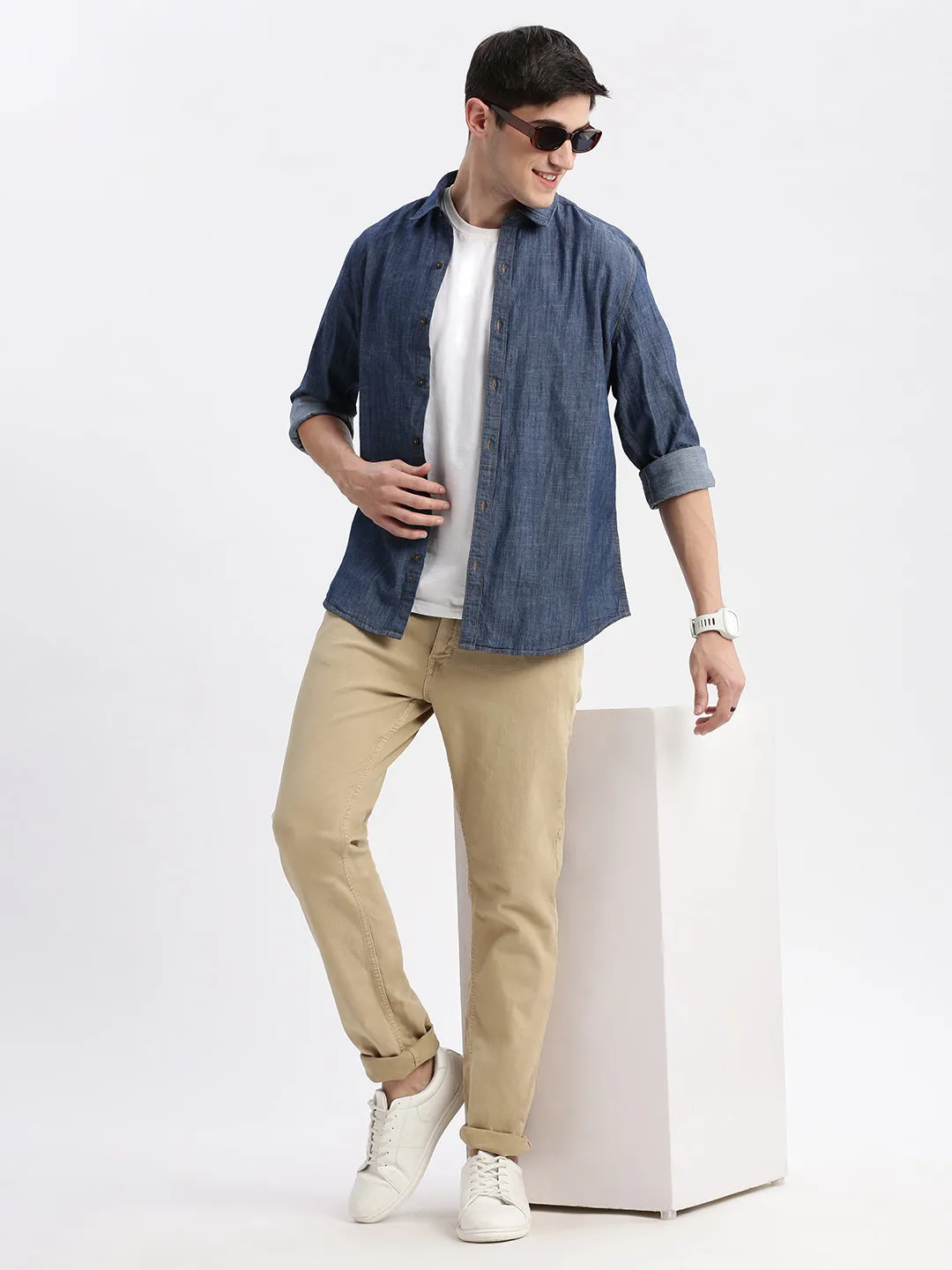 Men Blue Long Sleeves Spread Collar Standard Slim Fit Cotton Opaque Oxford Shirt