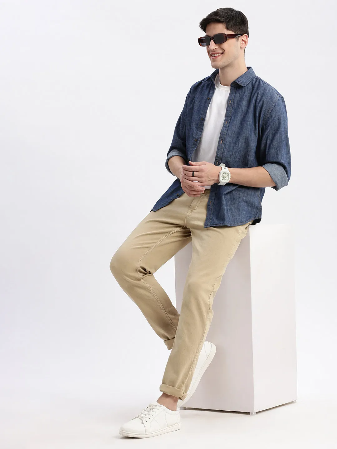 Men Blue Long Sleeves Spread Collar Standard Slim Fit Cotton Opaque Oxford Shirt