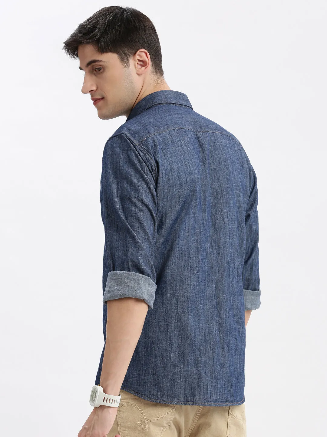 Men Blue Long Sleeves Spread Collar Standard Slim Fit Cotton Opaque Oxford Shirt