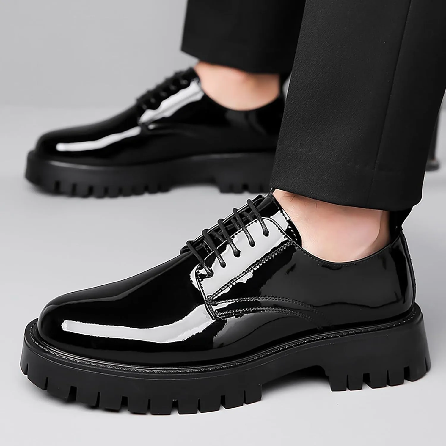 Men Chunky Heels Lug Sole Oxford Shoes,Platform Dress Shoes for Men Black,Derby Shoes Men Chunky