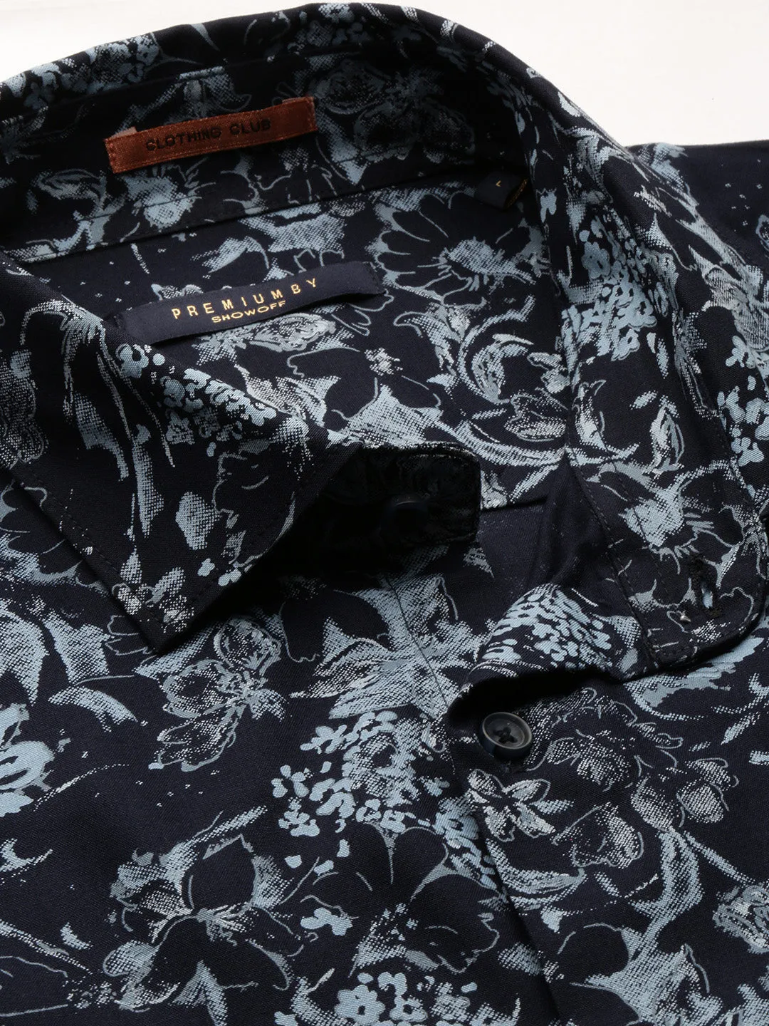 Men Navy Blue Premium Floral Printed Oxford Cotton Slim Fit Casual Shirt