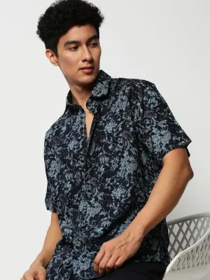 Men Navy Blue Premium Floral Printed Oxford Cotton Slim Fit Casual Shirt
