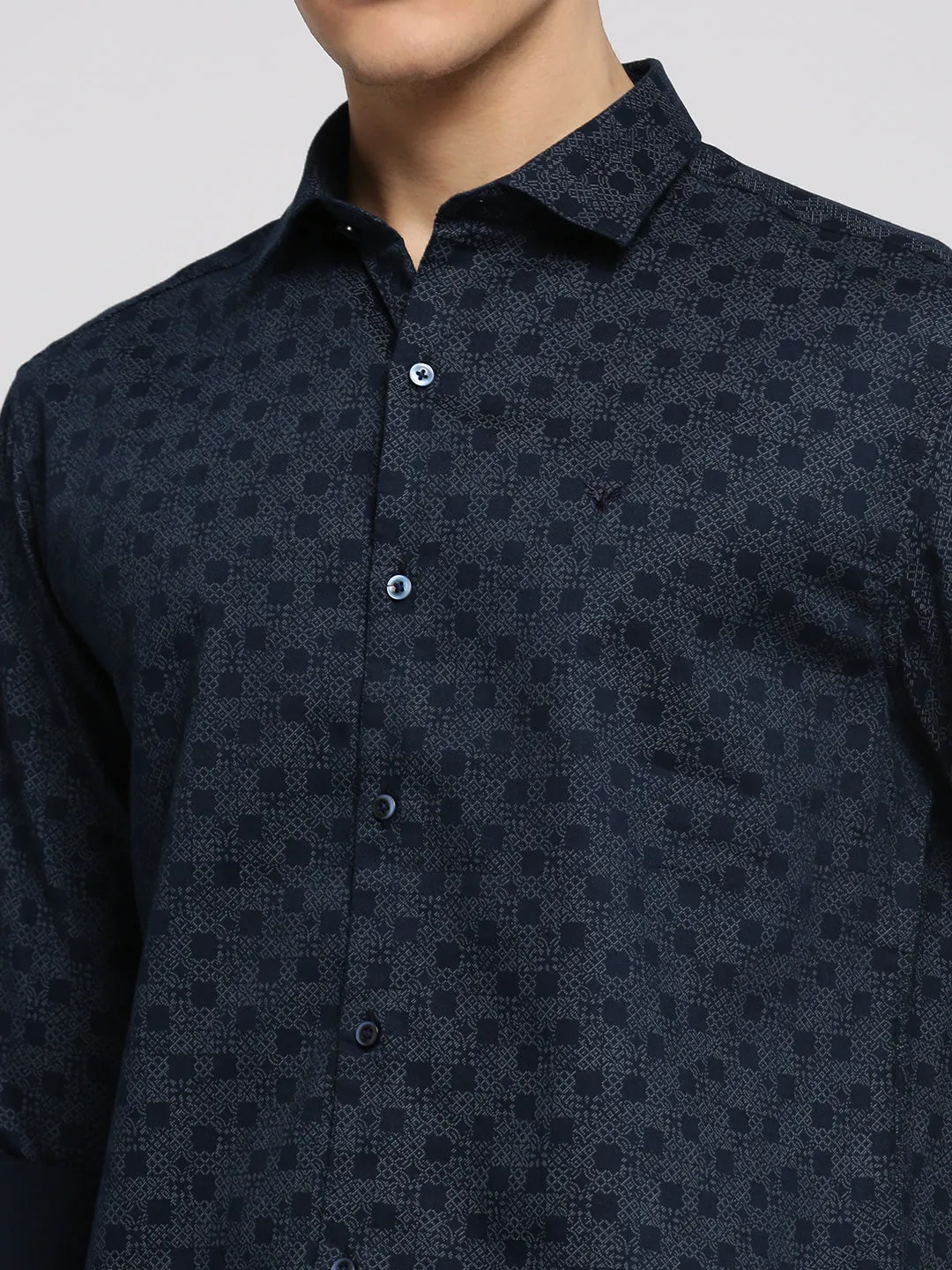 Men Navy Blue Premium Slim Fit Micro Ditsy Printed Oxford Cotton Casual Shirt