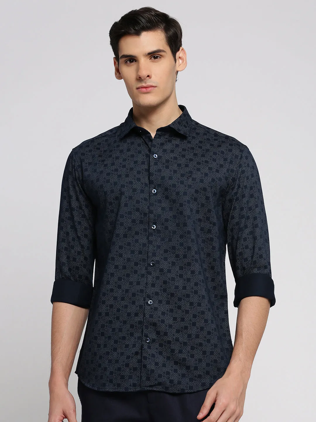 Men Navy Blue Premium Slim Fit Micro Ditsy Printed Oxford Cotton Casual Shirt