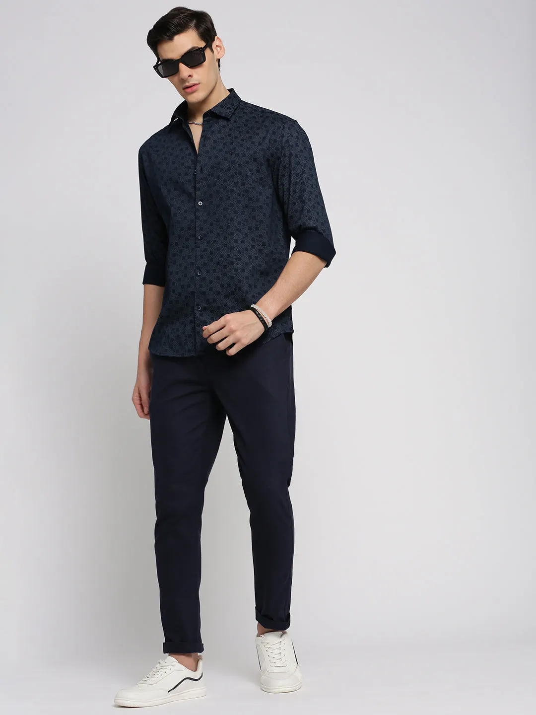 Men Navy Blue Premium Slim Fit Micro Ditsy Printed Oxford Cotton Casual Shirt