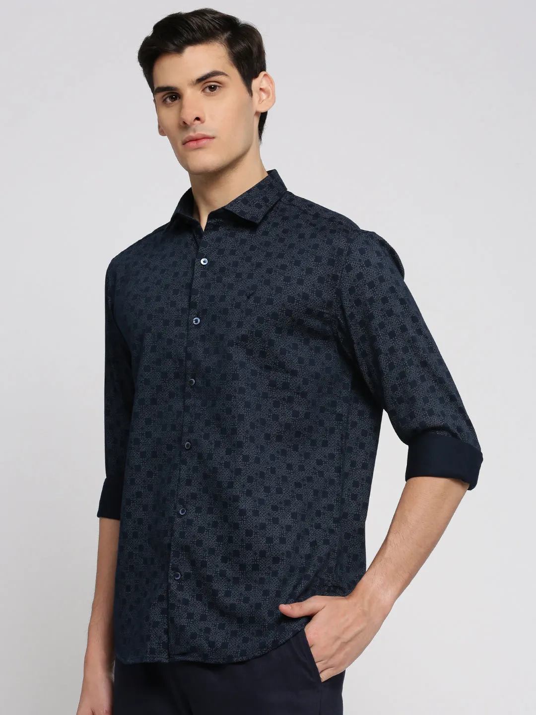 Men Navy Blue Premium Slim Fit Micro Ditsy Printed Oxford Cotton Casual Shirt