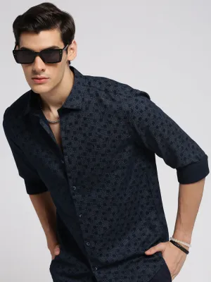 Men Navy Blue Premium Slim Fit Micro Ditsy Printed Oxford Cotton Casual Shirt