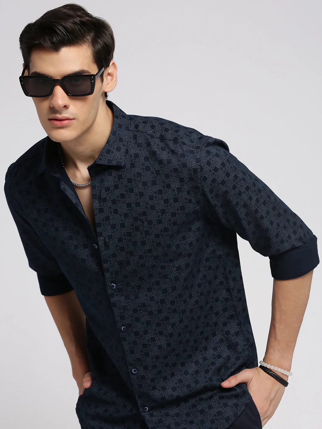 Men Navy Blue Premium Slim Fit Micro Ditsy Printed Oxford Cotton Casual Shirt
