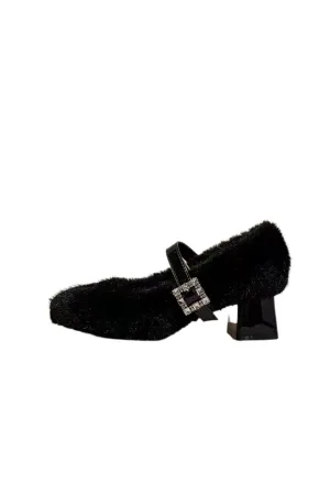 ’Mia‘ Chic Fur-Lined Chunky Heels featuring Rhinestone Details