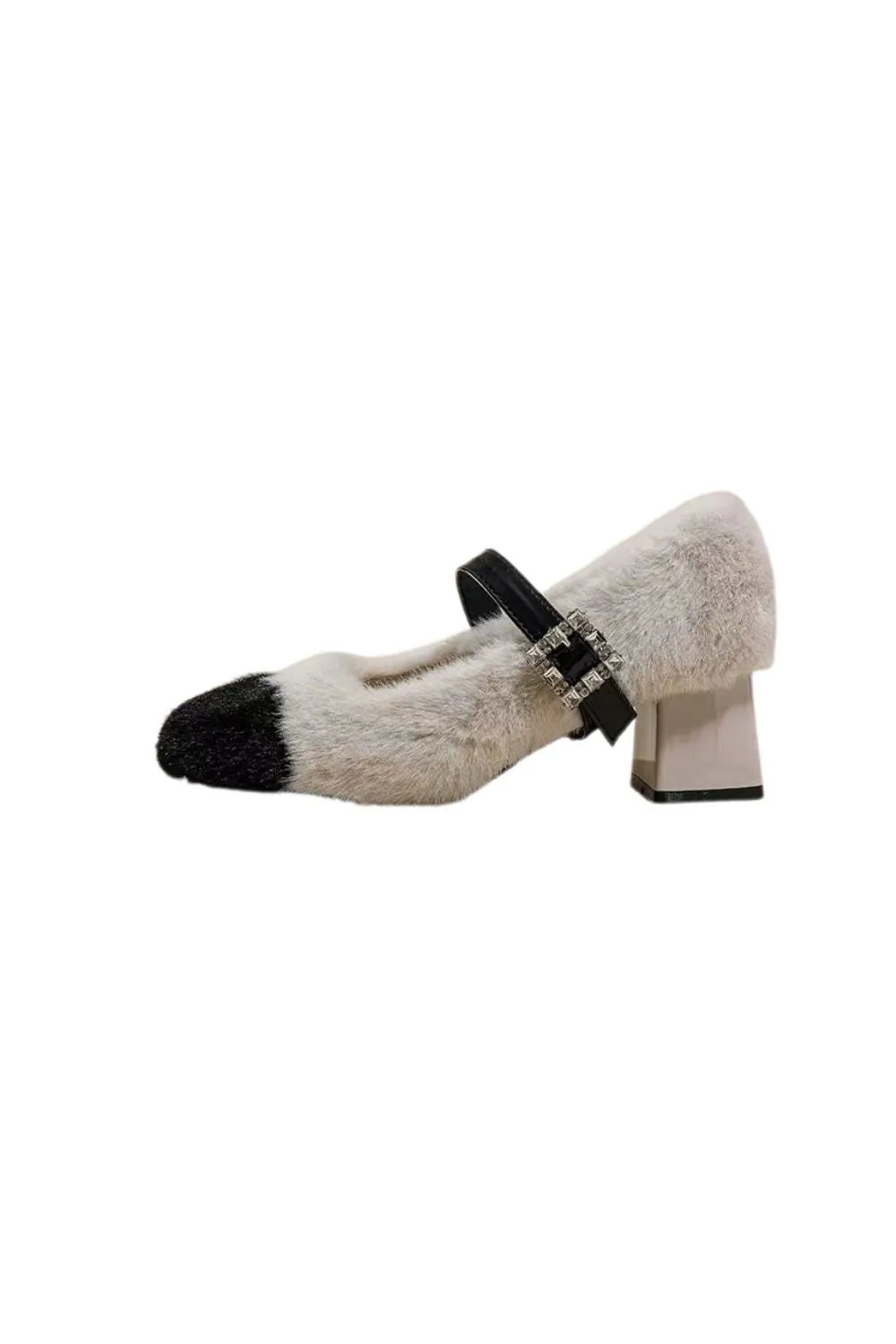 ’Mia‘ Chic Fur-Lined Chunky Heels featuring Rhinestone Details