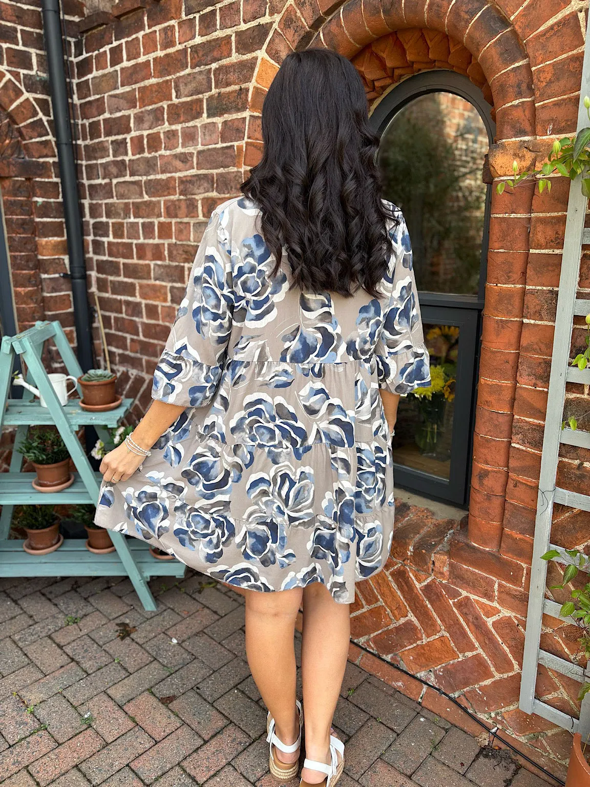 Mocha Flared Sleeve Floral Dress Debbie