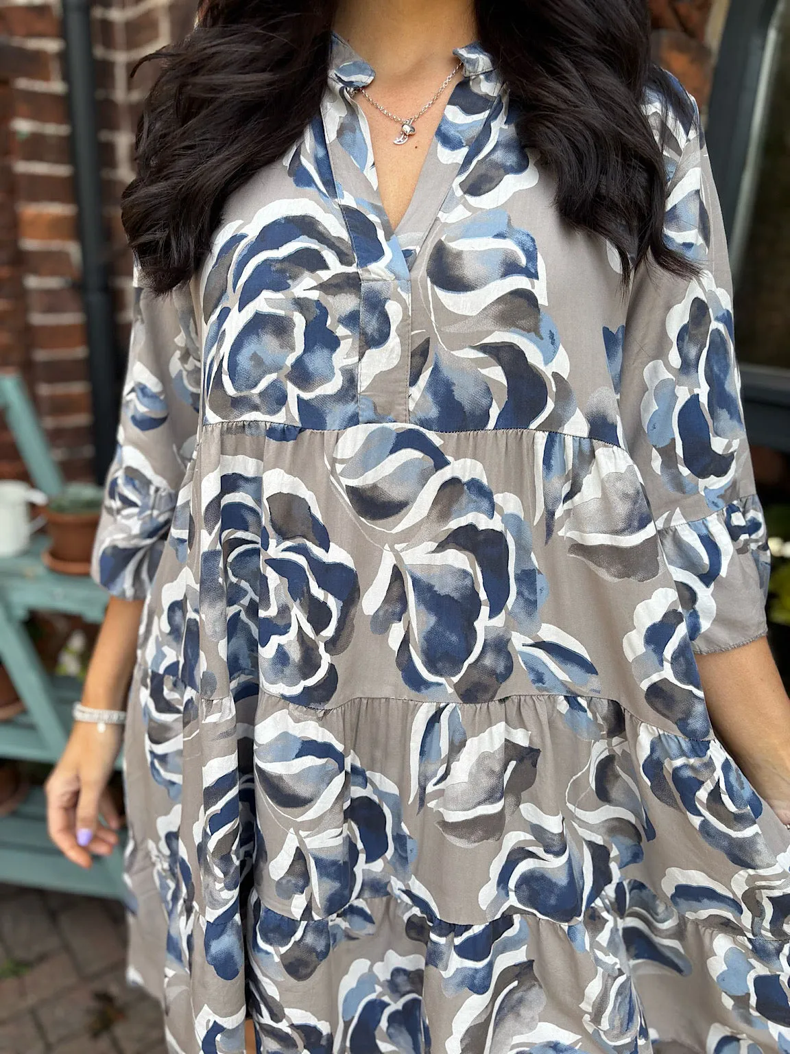 Mocha Flared Sleeve Floral Dress Debbie