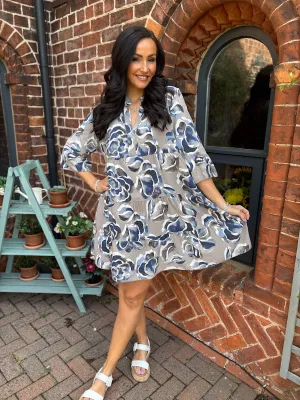 Mocha Flared Sleeve Floral Dress Debbie