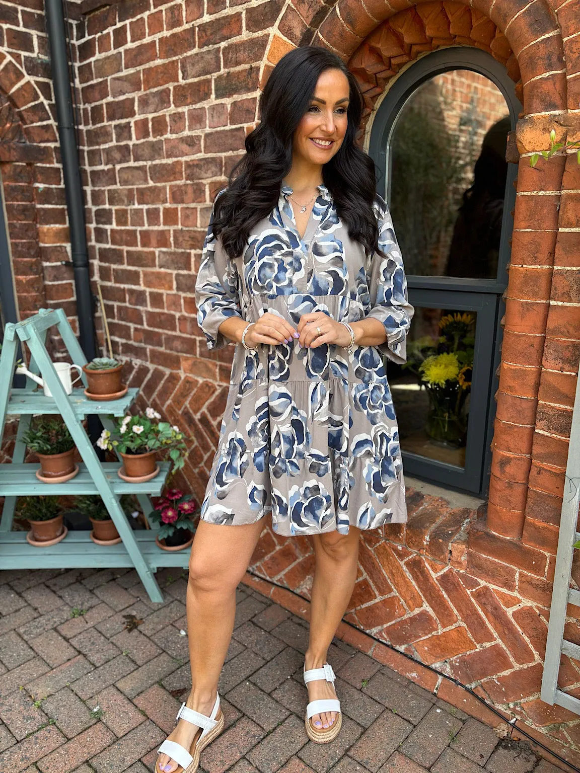 Mocha Flared Sleeve Floral Dress Debbie