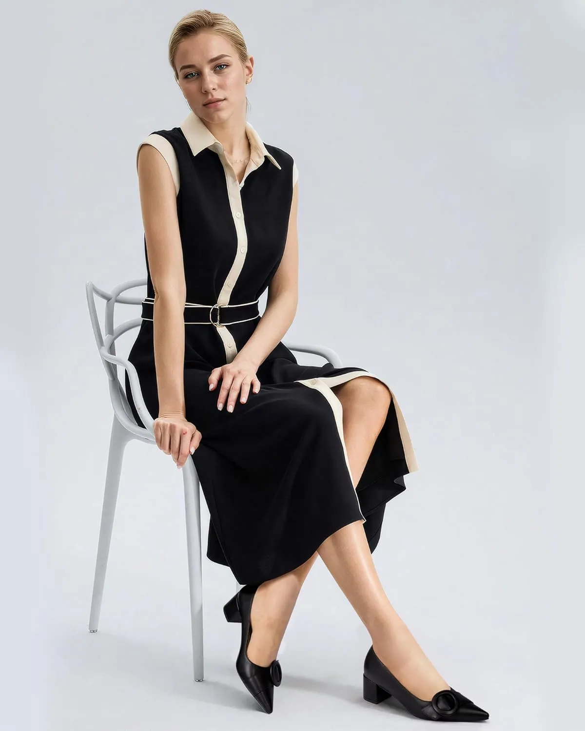 MUCCCUTE Chunky Heels for Women Closed Pointed Toe Heels 2'' Low Block Heels Fashion Round Buckle Dress Work Pumps