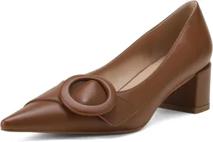MUCCCUTE Chunky Heels for Women Closed Pointed Toe Heels 2'' Low Block Heels Fashion Round Buckle Dress Work Pumps