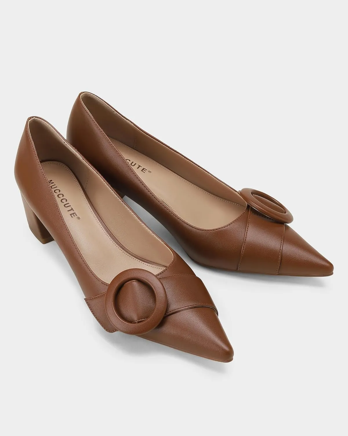 MUCCCUTE Chunky Heels for Women Closed Pointed Toe Heels 2'' Low Block Heels Fashion Round Buckle Dress Work Pumps