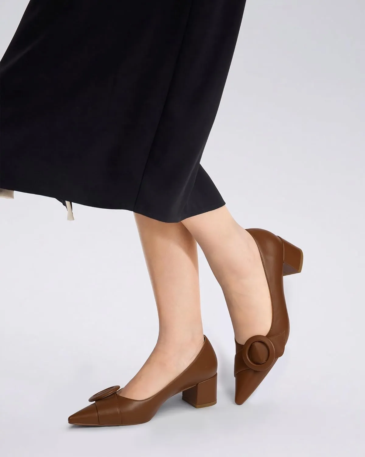 MUCCCUTE Chunky Heels for Women Closed Pointed Toe Heels 2'' Low Block Heels Fashion Round Buckle Dress Work Pumps