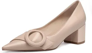 MUCCCUTE Chunky Heels for Women Closed Pointed Toe Heels 2'' Low Block Heels Fashion Round Buckle Dress Work Pumps