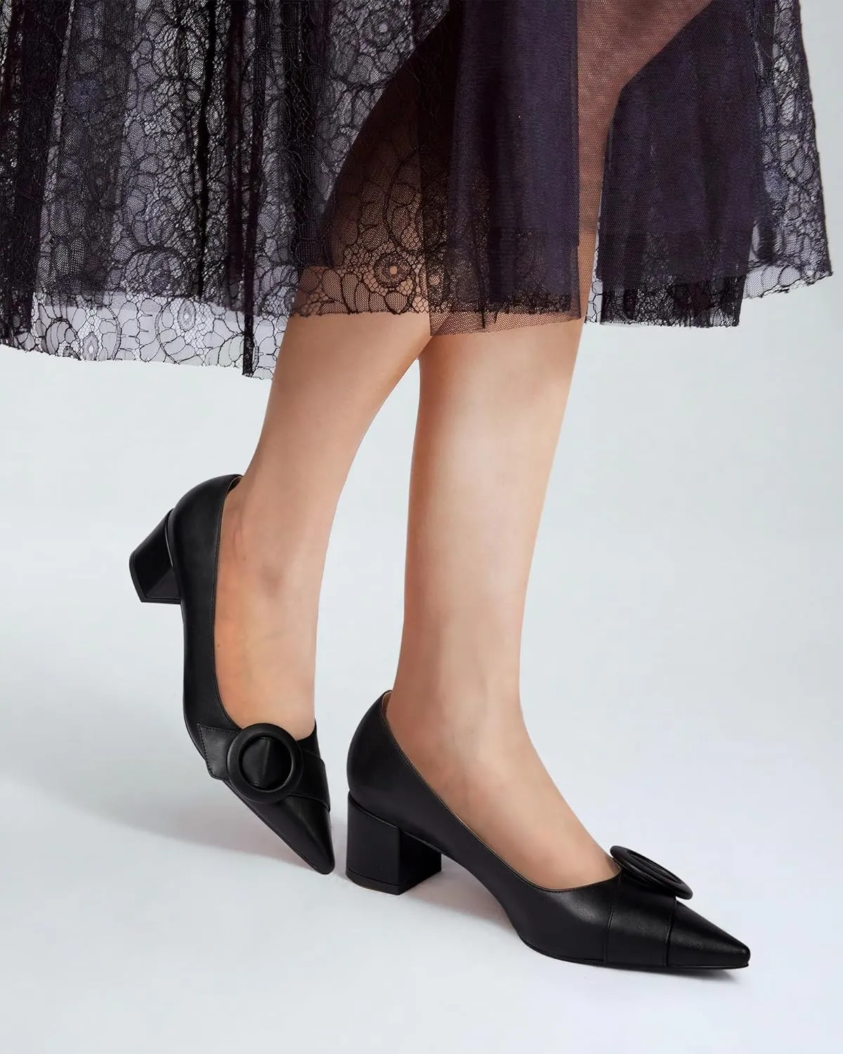 MUCCCUTE Chunky Heels for Women Closed Pointed Toe Heels 2'' Low Block Heels Fashion Round Buckle Dress Work Pumps