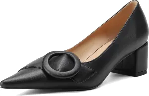 MUCCCUTE Chunky Heels for Women Closed Pointed Toe Heels 2'' Low Block Heels Fashion Round Buckle Dress Work Pumps
