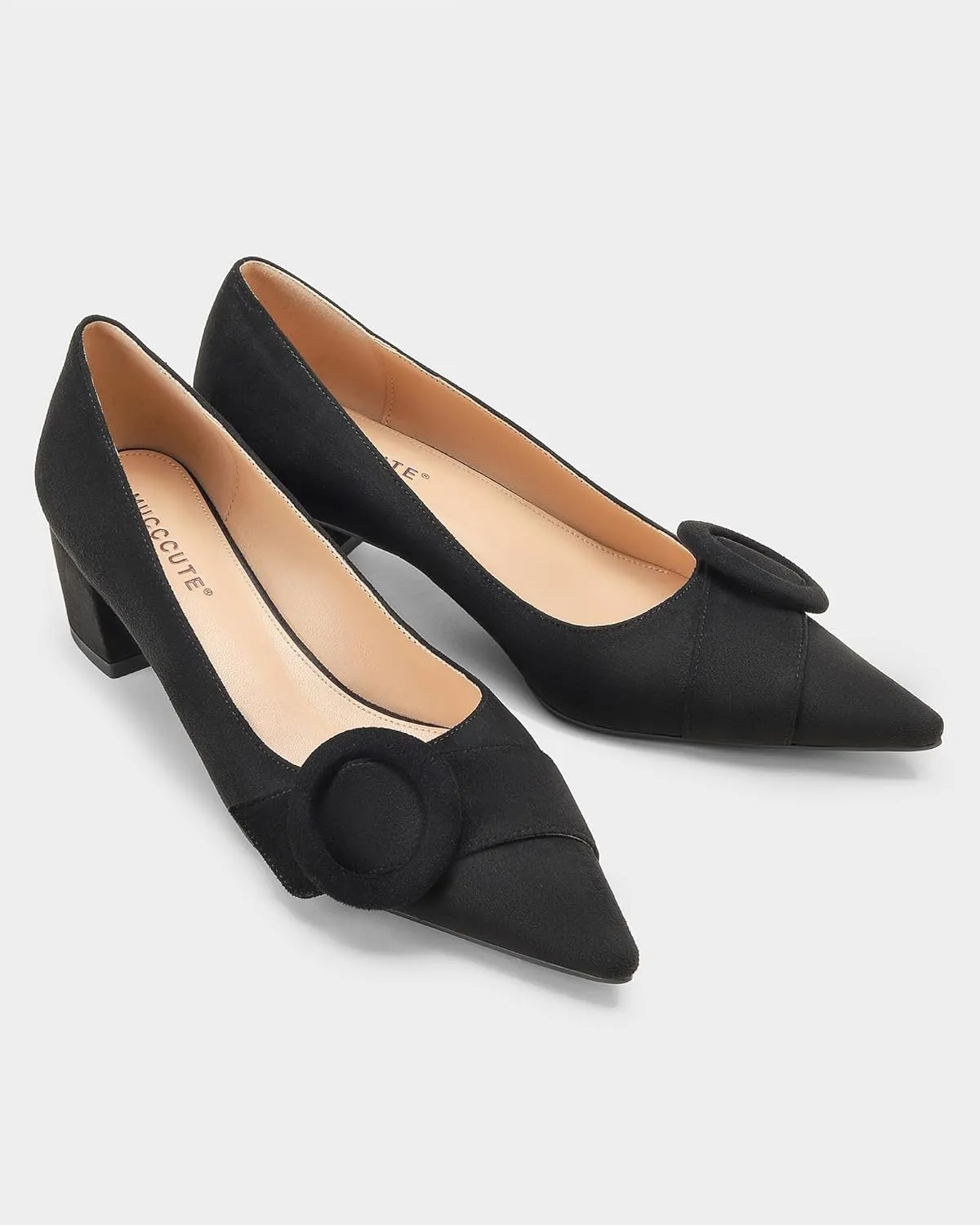 MUCCCUTE Chunky Heels for Women Closed Pointed Toe Heels 2'' Low Block Heels Fashion Round Buckle Dress Work Pumps