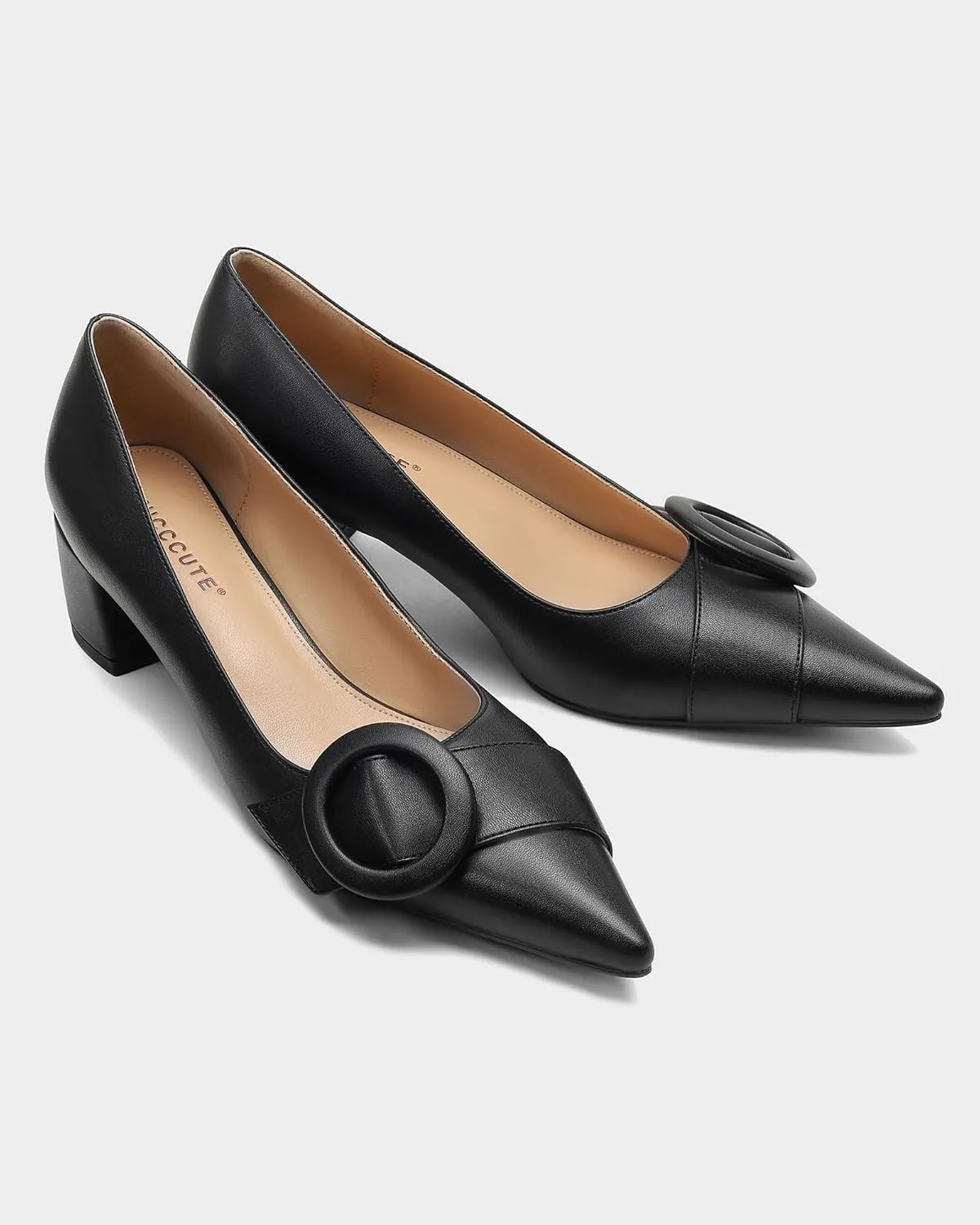 MUCCCUTE Chunky Heels for Women Closed Pointed Toe Heels 2'' Low Block Heels Fashion Round Buckle Dress Work Pumps