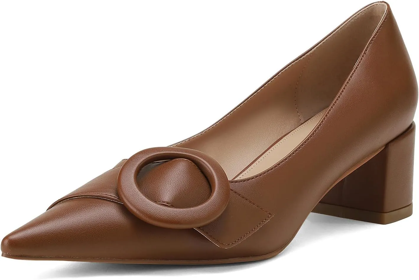 MUCCCUTE Chunky Heels for Women Closed Pointed Toe Heels 2'' Low Block Heels Fashion Round Buckle Dress Work Pumps