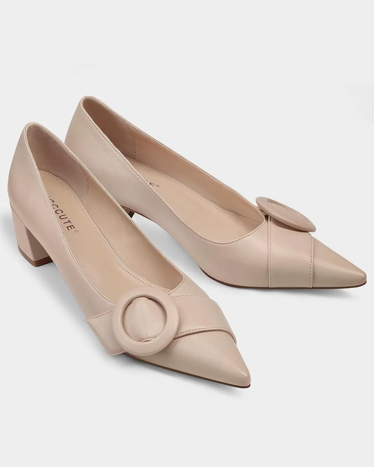 MUCCCUTE Chunky Heels for Women Closed Pointed Toe Heels 2'' Low Block Heels Fashion Round Buckle Dress Work Pumps