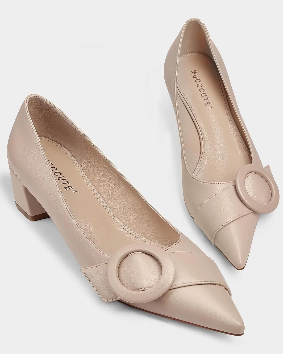 MUCCCUTE Chunky Heels for Women Closed Pointed Toe Heels 2'' Low Block Heels Fashion Round Buckle Dress Work Pumps