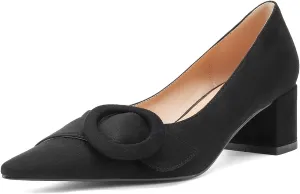 MUCCCUTE Chunky Heels for Women Closed Pointed Toe Heels 2'' Low Block Heels Fashion Round Buckle Dress Work Pumps