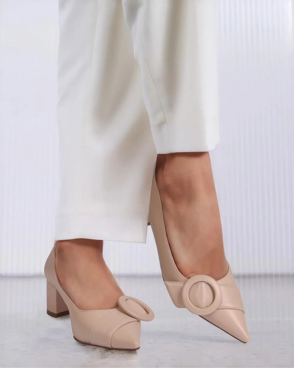 MUCCCUTE Chunky Heels for Women Closed Pointed Toe Heels 2'' Low Block Heels Fashion Round Buckle Dress Work Pumps