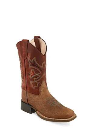 Old West Brown/Burnt Red Youth Boys Leather Cowboy Boots 7D