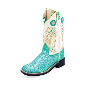 Old West Girl's White & Turquoise Glitter Boots