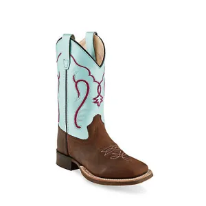 OLD WEST YOUTH (4-7) OILED BROWN & TURQUOISE SQUARE TOE BOOT