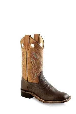 Old West Youth Brown Tumble and Tan Fry Broad Square Toe Boot