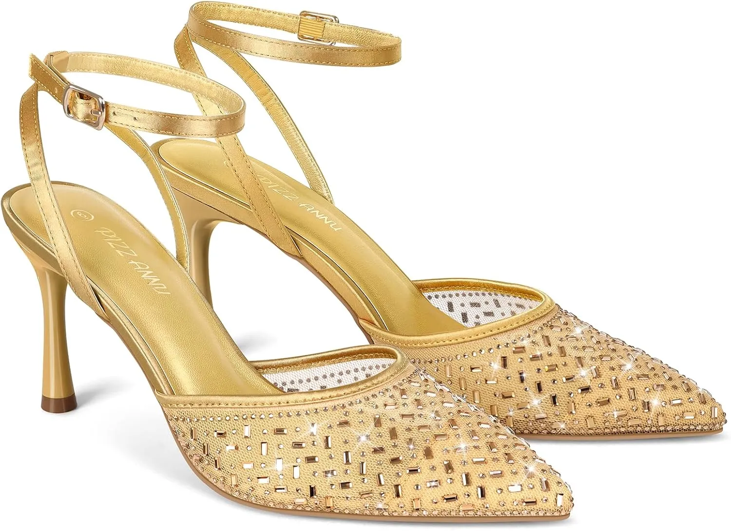 PIZZ ANNU Women's Cienna High Heels Sexy Stiletto Pumps Closed Toe Mesh Sparkly Rhinestones Ankle Strap Dress Wedding Party Pumps Shoes