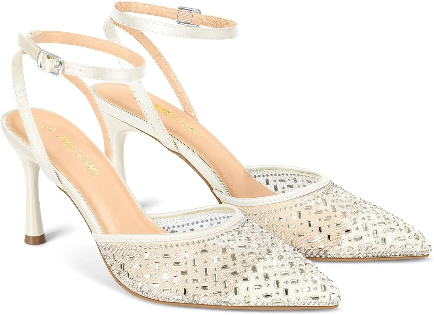 PIZZ ANNU Women's Cienna High Heels Sexy Stiletto Pumps Closed Toe Mesh Sparkly Rhinestones Ankle Strap Dress Wedding Party Pumps Shoes
