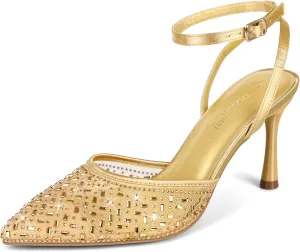 PIZZ ANNU Women's Cienna High Heels Sexy Stiletto Pumps Closed Toe Mesh Sparkly Rhinestones Ankle Strap Dress Wedding Party Pumps Shoes