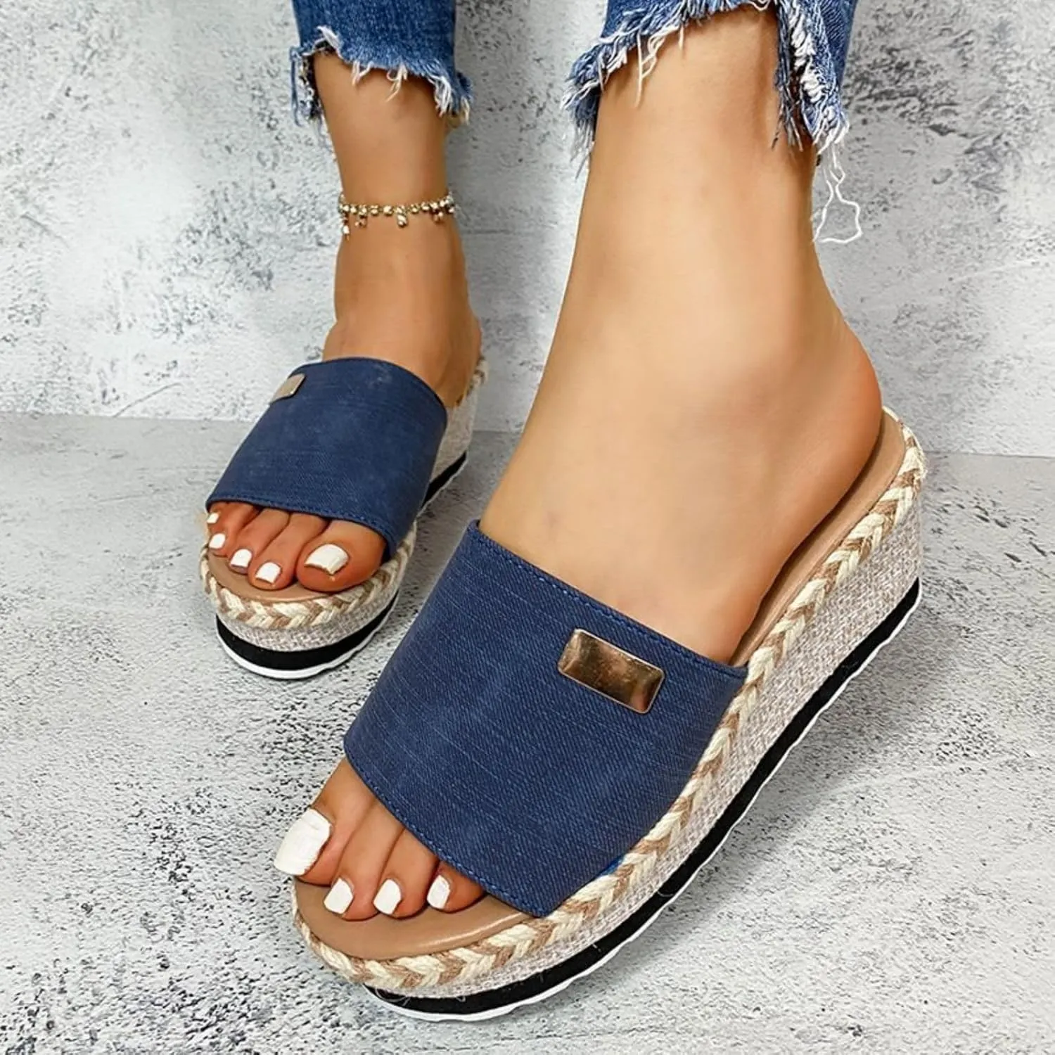 Platform Sandals Women Cute Wedge Espadrilles Slip On Summer Beach Raffia Vacation Slippers Cute Woven Casual Beach Shoes Comfortable Open Toe Dressy Slippers