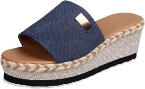 Platform Sandals Women Cute Wedge Espadrilles Slip On Summer Beach Raffia Vacation Slippers Cute Woven Casual Beach Shoes Comfortable Open Toe Dressy Slippers