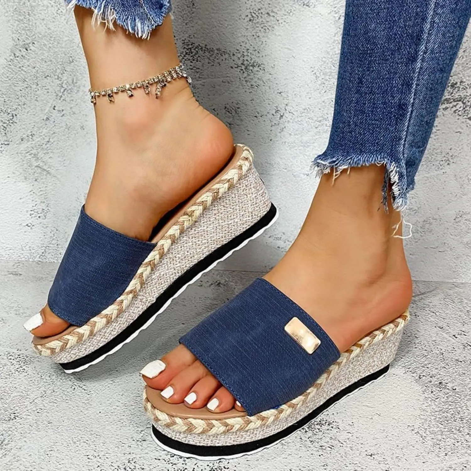 Platform Sandals Women Cute Wedge Espadrilles Slip On Summer Beach Raffia Vacation Slippers Cute Woven Casual Beach Shoes Comfortable Open Toe Dressy Slippers
