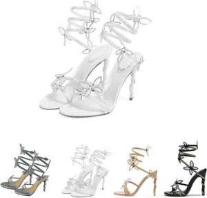 Rhinestone Wrap Around Heels for Women Prom Shoes Colorful Crystals Twist Open Round Toe Lace up Heeled Sandals