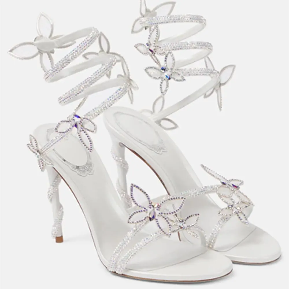Rhinestone Wrap Around Heels for Women Prom Shoes Colorful Crystals Twist Open Round Toe Lace up Heeled Sandals