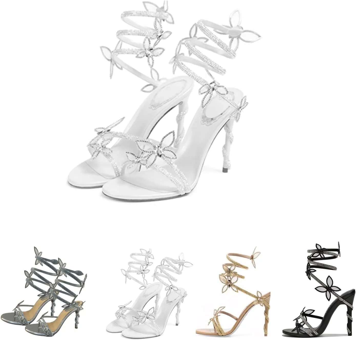 Rhinestone Wrap Around Heels for Women Prom Shoes Colorful Crystals Twist Open Round Toe Lace up Heeled Sandals