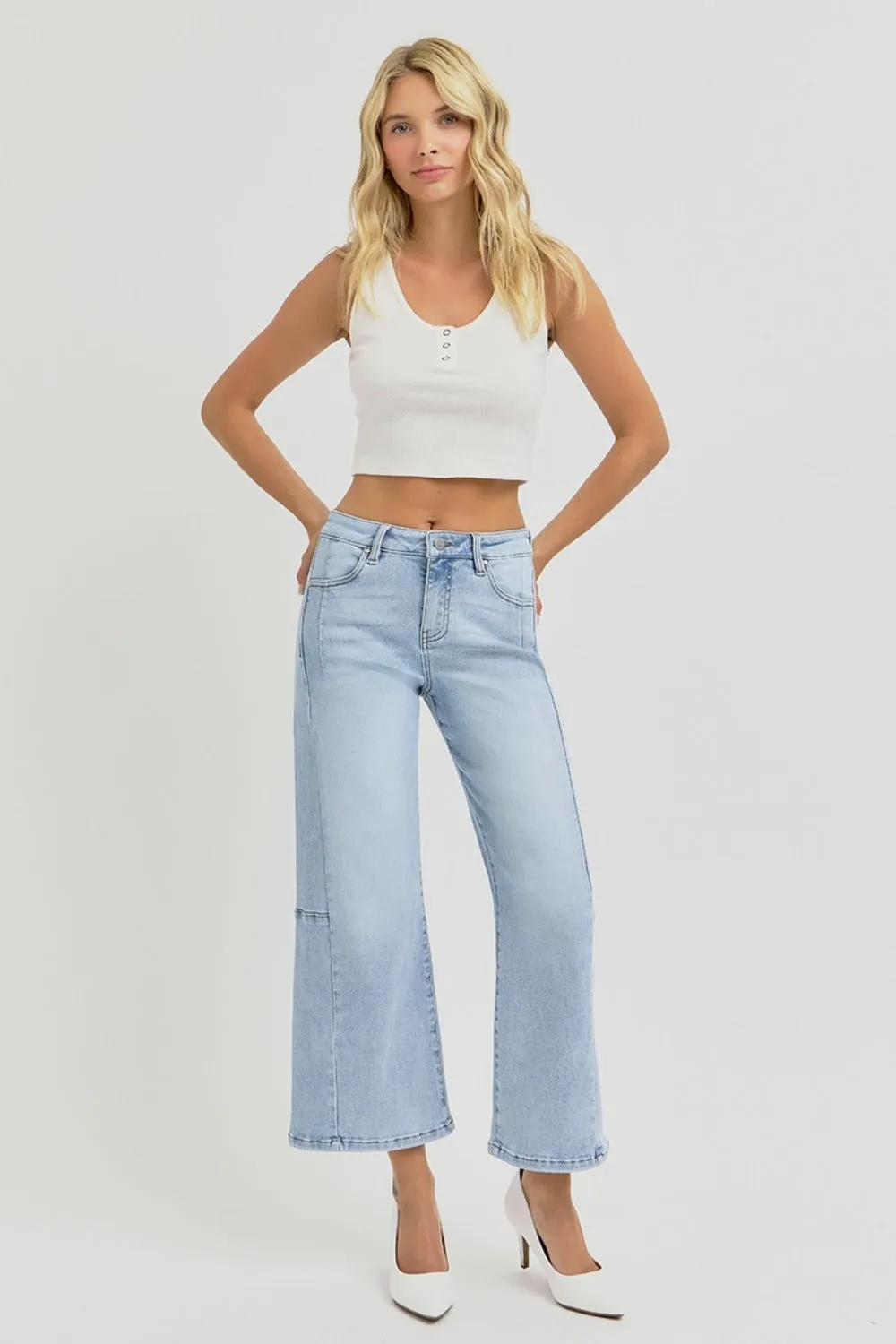 Risen High Rise Seam Detail Wide Leg Crop Jeans
